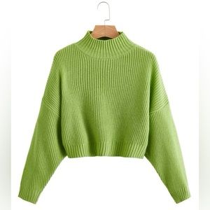 Lime Green High Neck Drop Shoulder Chunky Knit Sweater